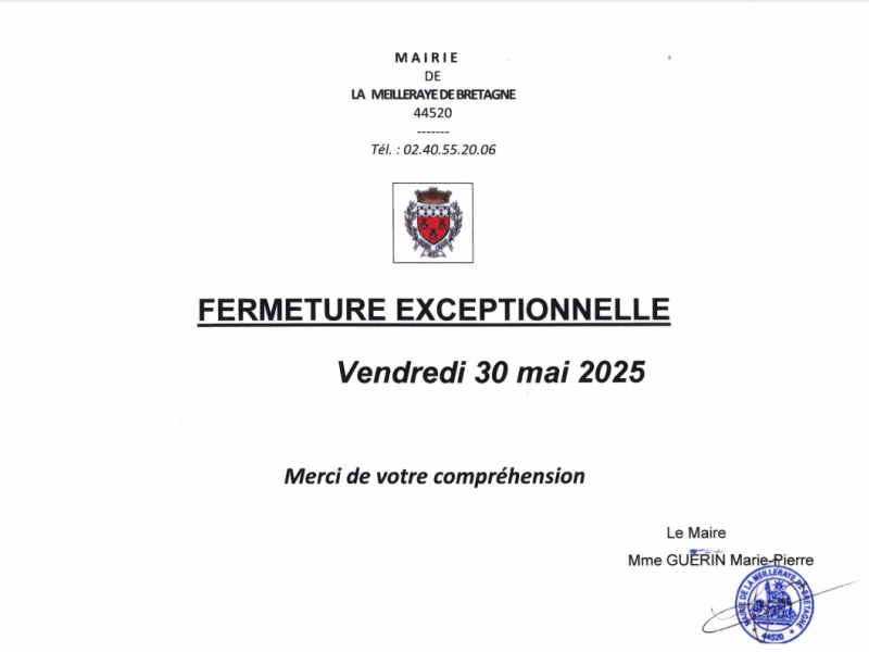 Fermeture exceptionnelle de la Mairie